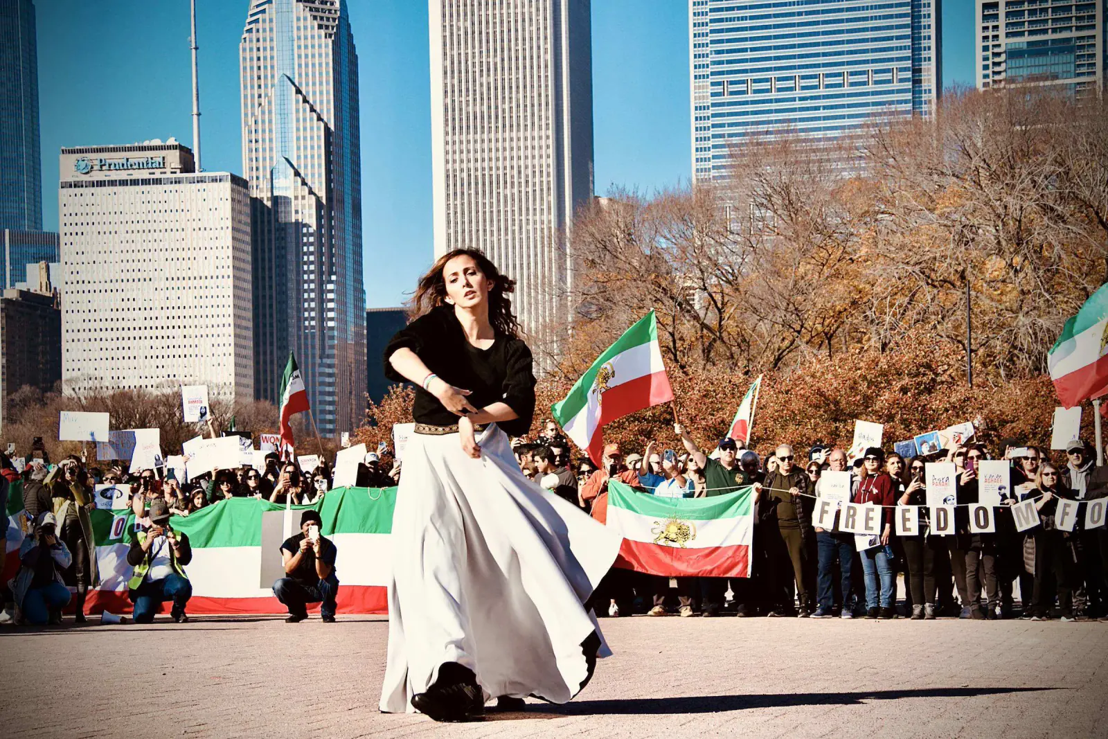 Banafsheh Amiri performing Sepideh at a Woman, Life, Freedom gathering in Chicago